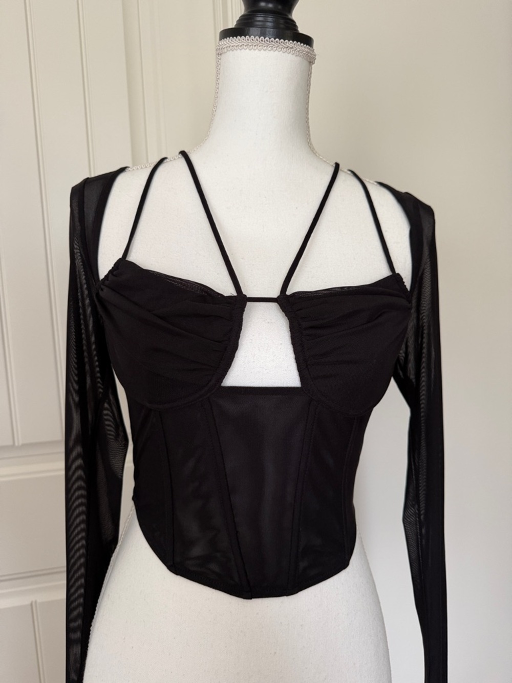 Fashion Nova Black Strappy Mesh Corset-Style Crop Top